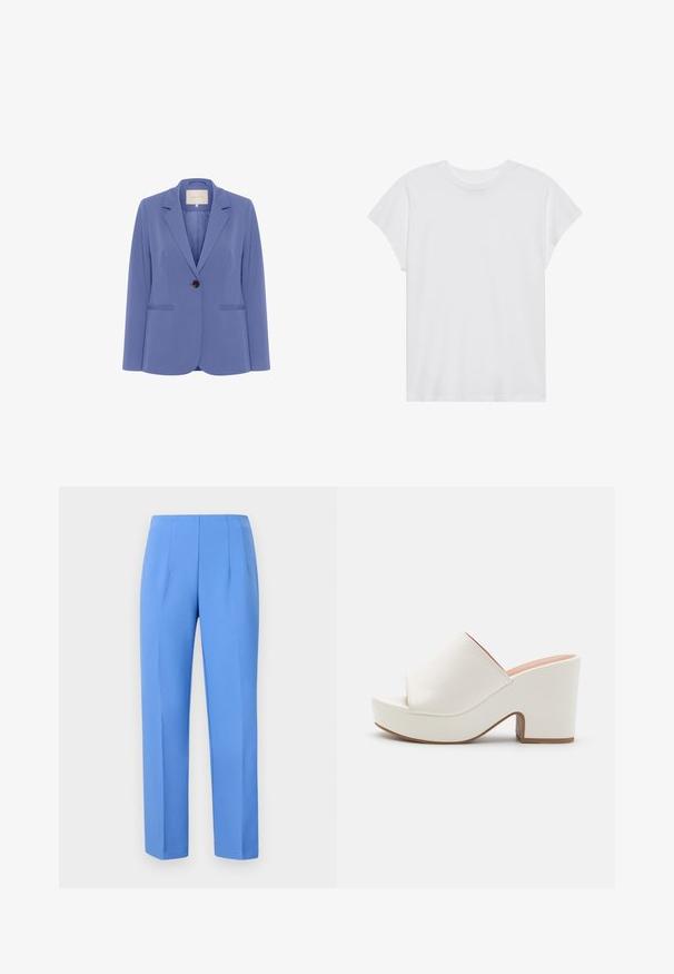 Skræddersyet blazer i lyseblåt stof, med en enkelt brun knap, klapkraver og to forreste lommer med en glat tekstur.; Hvid kortærmet t-shirt med rund hals, afslappet pasform, lavet af blødt bomuldsstof. Glat tekstur, ingen mønstre eller logoer.; Blå skræddersyede bukser lavet af glat stof med sidelæg, der har en lige pasform og en ren talje. Ingen synlig hardware eller mønstre.; Hvide platformmules med en glat overflade, åben tå-design og en kraftig hæl. Har en subtil overfladiskøm og en kontrastfarvet sål.