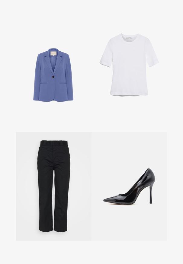 Blazer ajusté en tissu bleu clair, doté d'un bouton marron, de revers crantés et de deux poches avant avec une texture lisse.; T-shirt blanc à manches courtes en tissu côtelé. Col rond, coupe régulière et détails de couture subtils. Aucune motif ni graphique.; Pantalons noirs avec une coupe droite, dotés de passants de ceinture, d'une texture lisse et d'une finition propre. Pas de motifs ou d'accents visibles.; Escarpin noir à talon haut avec bout pointu, finition en cuir verni brillant, et design découpé sur les côtés, doté d'un talon aiguille élégant.
