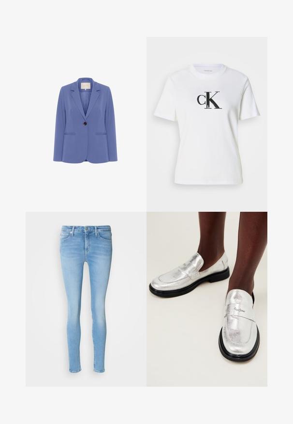 Skræddersyet blazer i lyseblåt stof, med en enkelt brun knap, klapkraver og to forreste lommer med en glat tekstur.; Hvid bomulds t-shirt med korte ærmer og rund halsudskæring. Har et sort "ck"-logo i et tekstureret design foran.; Lyseblå skinny jeans lavet af denim med mid-rise talje, der har forlommer, bæltesløjfer og en glat tekstur.; Sølvmetallic loafers med en glat overflade, sort gummisål og et dekorativt bånd med brandnavnet præget.