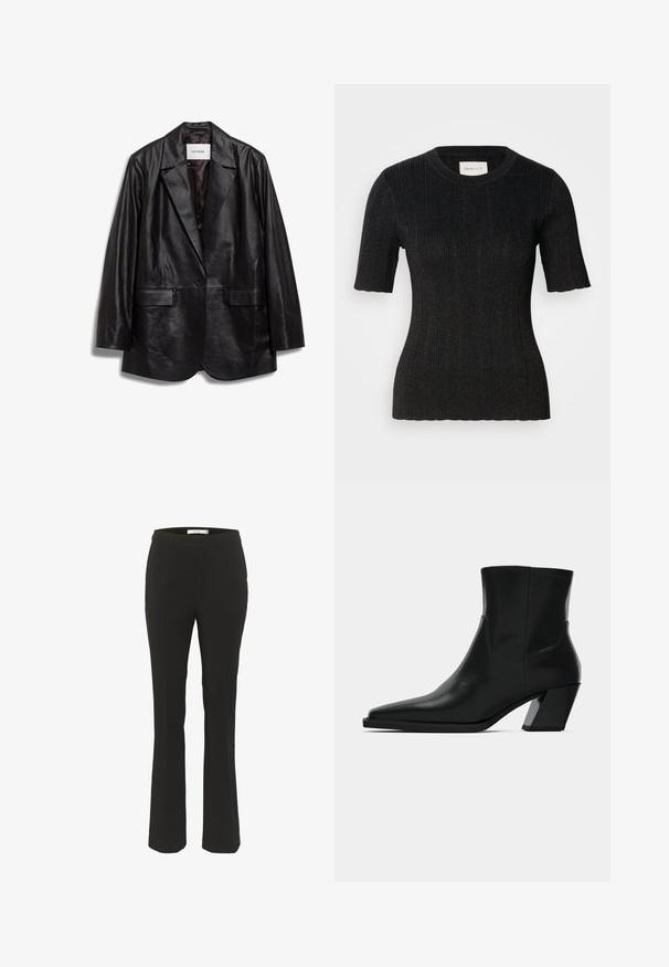 IVY OAK IOLOUISEBLAZER - Manteau court - black; Haut noir à manches courtes en rib avec un tissu texturé à légère brillance. Présente un col rond et une silhouette ajustée. Étiquette GANT visible.; Pantalons noirs ajustés avec une coupe slim, bas évasé, devant plat et sans poches visibles. Fabriqués en tissu lisse avec des coutures minimales.; Bottine en cuir noir avec un bout pointu, une silhouette élégante et un talon carré massif. Texture lisse avec des détails de couture minimalistes.
