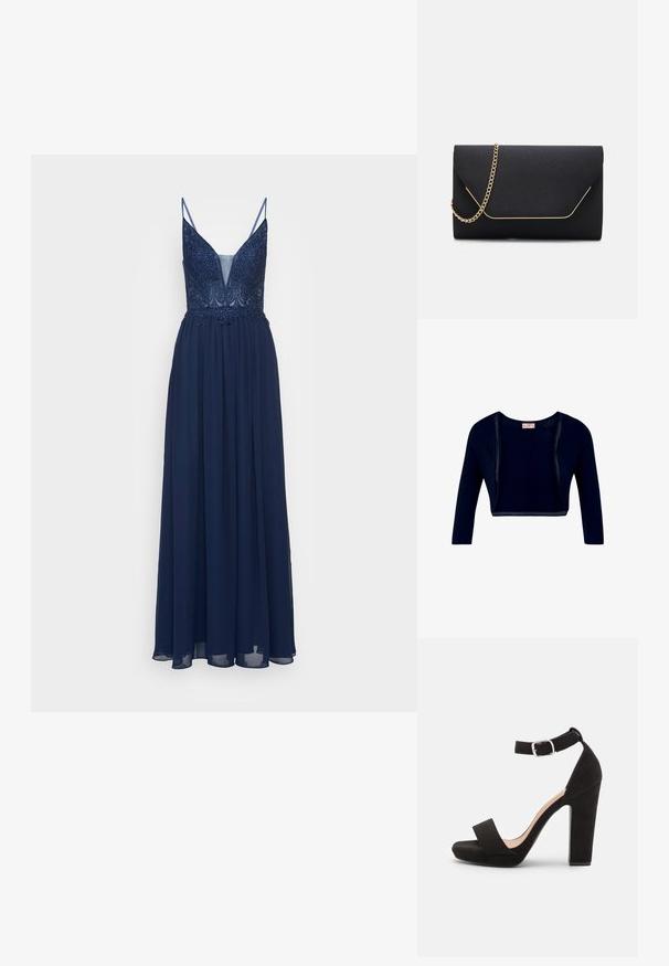 Cardigan court noir à ouverture devant, manches longues et encolure ronde, avec un design simple et une couleur unie.; Robe de soirée bleu marine avec un décolleté en V profond, un bustier ornée et une jupe en chiffon fluide. Elle dispose de fines bretelles spaghetti ajustables.; Anna Field by Zalando Sandales - black; Pochette noire au toucher lisse, dotée d'une chaîne en or et d'une fermeture à rabat géométrique rehaussée de doré.
