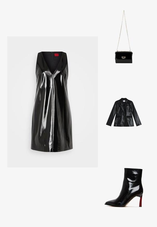 Zwarte leren blazer van faux leer met een getailleerd ontwerp, geknipte revers, drie knopen en twee voorzakken. Soepele textuur, strakke uitstraling.; Zwarte mouwloze jurk met een V-hals en glanzende, reflecterende afwerking; heeft een centrale ritssluiting en een minimalistisch design.; Zwarte enkellaars van lakleer met een spitse neus en een rood accent op de naaldhak. Glad oppervlak en strak design.; Zwarte gepatineerde leren handtas met een gouden schouderband, rechthoekige vorm, voorzien van een flapsluiting aan de voorkant en een metallic logo accent.