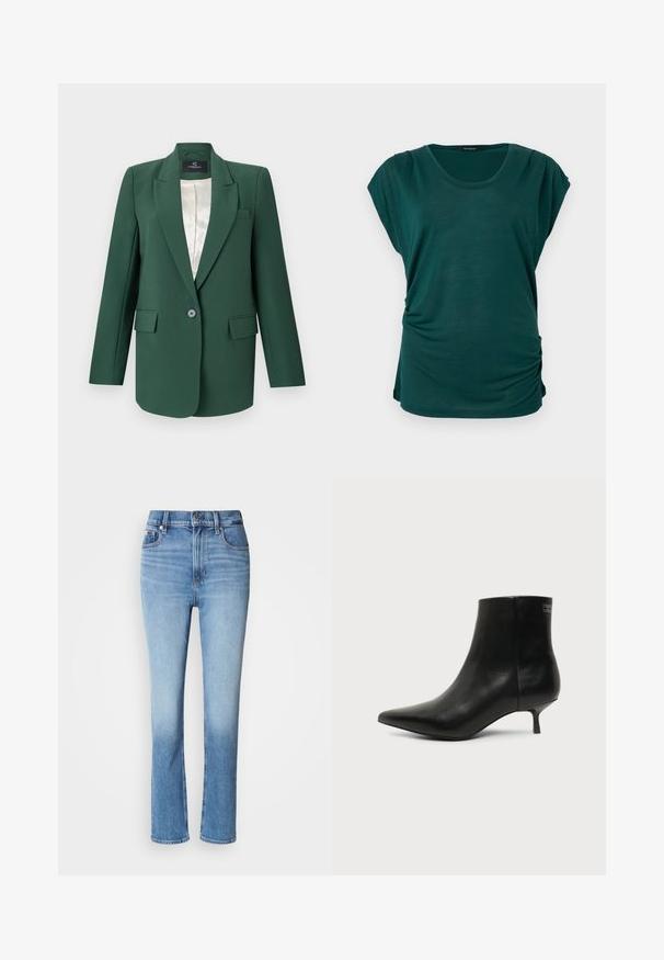 Blazer ajusté vert avec revers en notched, fermeture à un bouton, deux poches avant et doublure satinée. Texture de tissu lisse.; Haut court à manches courtes en teal avec un décolleté en forme de scoop, un détail de fronces sur le côté et une coupe ample. Fabriqué en tissu léger et doux.; Jean en denim bleu avec taille haute, coupe droite, dégradé de couleur usé et style cinq poches. Fermeture à bouton en métal et zip.; Bottine en cuir noir avec bout pointu et petit talon kitten sur fond clair, vue côté extérieur.