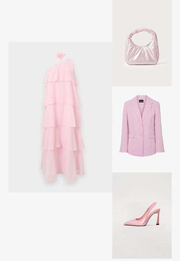 Blazer rose clair avec fines rayures verticales noires, deux boutons, col à revers cranté et poches à rabat sur les côtés avant.; Robe rose pâle bustier à volants avec plusieurs couches fluides et un bandeau floral assorti sur un fond blanc uni.; Escarpin rose à lanière, fabriqué en matériau irisé, avec un bout pointu, un talon fin et une sangle élastique pour un ajustement parfait. Texture lisse avec une finition brillante.; Sac à main rose rembourré avec un design arrondi, fabriqué à partir d'un matériau brillant. Dispose d'une poignée froncée et d'une fermeture éclair pour un accès sécurisé.