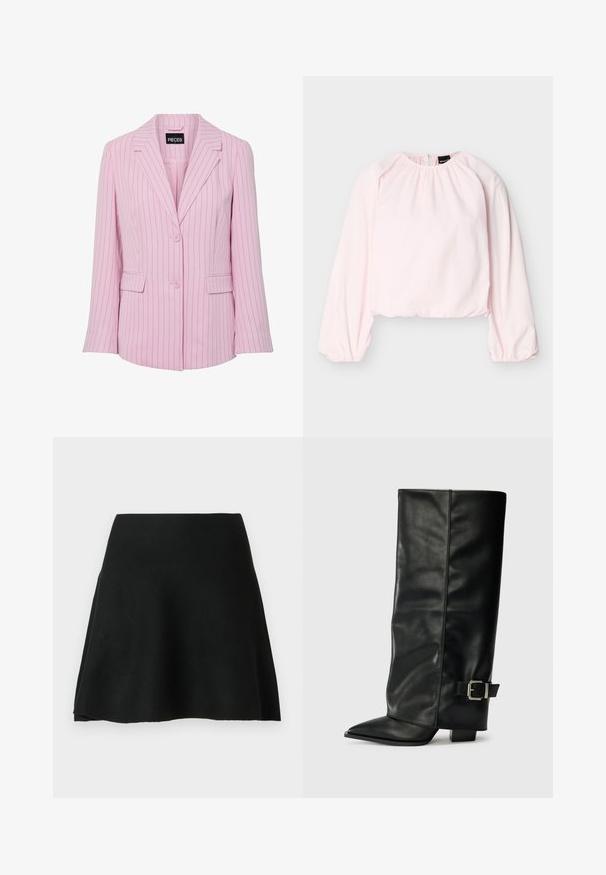 Blazer rose clair avec fines rayures verticales noires, deux boutons, col à revers cranté et poches à rabat sur les côtés avant.; Blouse longue à manches longues de couleur rose clair avec encolure froncée, poignets élastiques, ourlet raccourci et fermeture éclair dans le dos.; Jupe patineuse noire en tissu doux, design évasé avec une texture lisse, dotée d'une taille haute et coupée au-dessus du genou.; Bottes noires en cuir longueur cheville avec un bout pointu, texture lisse et une accent en boucle argentée sur le côté. Talon carré épais.