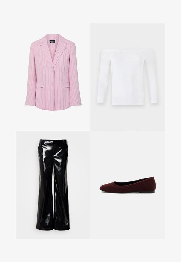 Blazer rose clair avec fines rayures verticales noires, deux boutons, col à revers cranté et poches à rabat sur les côtés avant.; Haut blanc à manches longues, dénudé des épaules, en tissu doux, avec une coupe ajustée, une texture lisse et des coutures minimales.; Pantalon noir à jambes larges en matériau brillant et lustré ; présente une texture lisse et une taille ajustée sans fermetures ni ornements visibles.; Chaussure plate femme bordeaux à bout arrondi et tissu texturé, semelle noire basse, vue de côté sur fond blanc.