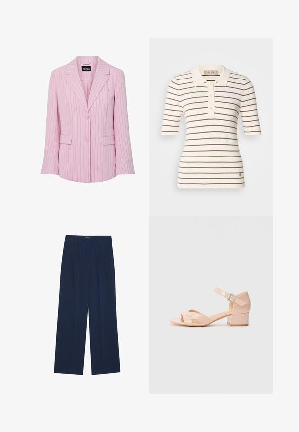 Blazer rose clair avec fines rayures verticales noires, deux boutons, col à revers cranté et poches à rabat sur les côtés avant.; Polo shirt côtelé crème avec des rayures horizontales marron. Doté d'un col, d'une patte de boutonnage et de manches courtes. Détail de logo discret à l'ourlet.; Pantalons large bleu marine en tissu lisse, dotés de deux poches avant et de plis sur le devant, avec une coupe droite et un ourlet soigné.; Sandale en cuir verni rose avec une bride de cheville, ouverte à l'avant et à talon bloc. Présente un design croisé à l'avant et une finition élégante.