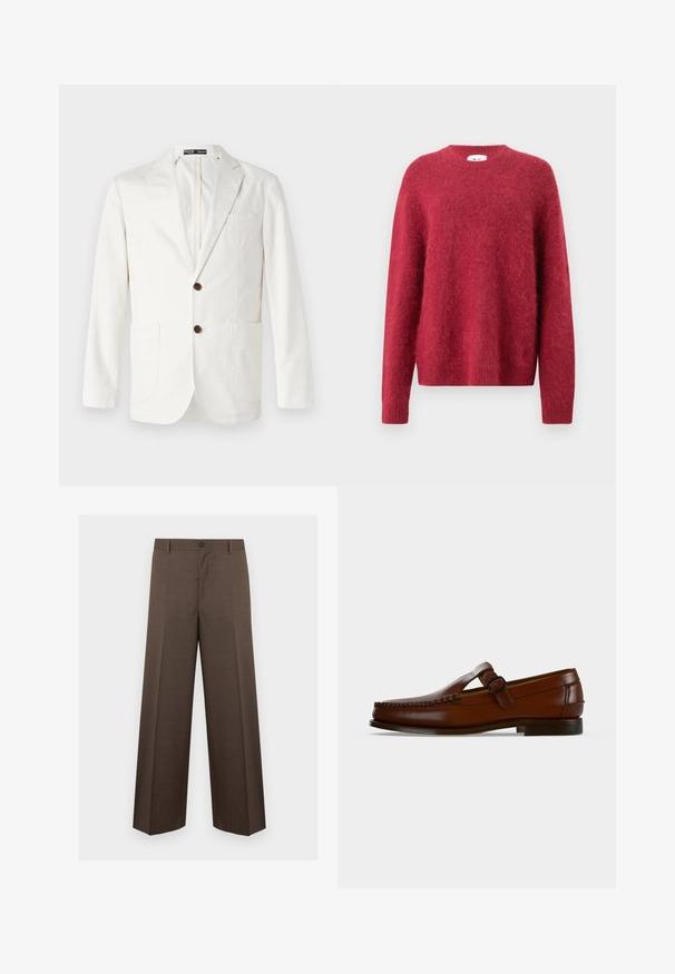 Lys beige blazer lavet af bomuld, med en spids krave, to frontlommer og to brune knapper til lukning.; Rød strikket sweater lavet af blødt materiale, med rund halsudskæring, lange ærmer og ribbede manchetter og forneden.; Brune skræddersyede bukser med brede ben, bæltestropper og knaplukning, vist fladt på en hvid baggrund.; Brun læderloafer med en side spænde-rem og lav hæl på en ensfarvet hvid baggrund.