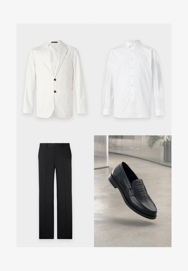 Lys beige blazer lavet af bomuld, med en spids krave, to frontlommer og to brune knapper til lukning.; Hvid langærmet skjorte med knapper, spredekrave og knapmanchetter, vist på en ensfarvet hvid baggrund.; Sorte, skræddersyede bukser med lige ben, glat stof, pressefolder foran og en enkelt knaplukning i taljen.; Sort lædersko med glat tekstur, spids tå og en dekorativ rem over vristen. Letvægts sål, minimalistisk design.