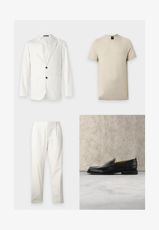 Lys beige blazer lavet af bomuld, med en spids krave, to frontlommer og to brune knapper til lukning.; Beige T-shirt med korte ærmer og rund hals, med subtil tekstur og lille præget "BOSS"-logo på venstre bryst.; Hvide bomuldsbukser med lige ben, der har frontlægningsfolder, en glat tekstur og et klassisk talje-design.; Sort læder herreloafer med krokodillepræget forstykke og lav hæl, vist i profil på en neutral baggrund.
