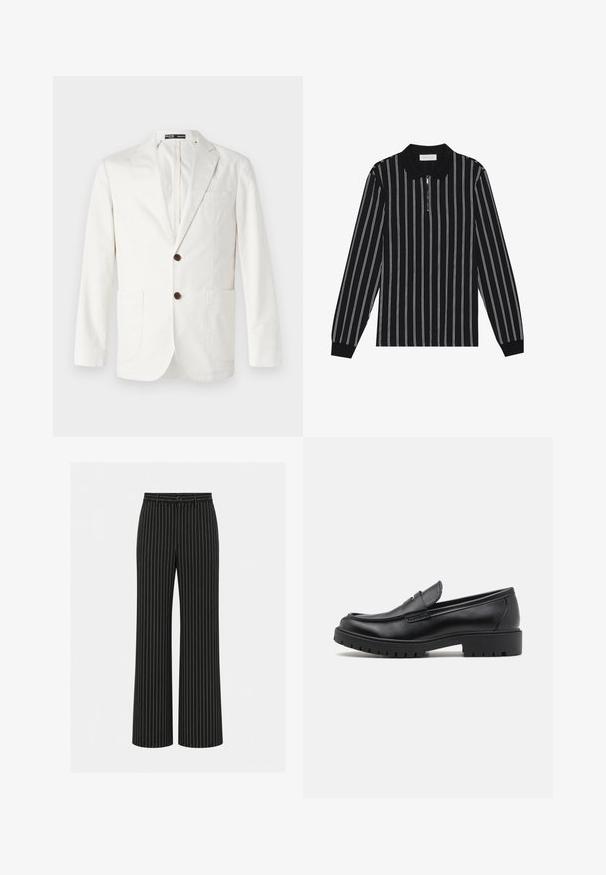 Lichtbeige blazer van katoen, met een geknipt revers, twee voorkouz pockets en twee bruine knopen voor sluiting.; Zwart polo-shirt met lange mouwen en witte verticale strepen, voorzien van een ritskraag en een gestructureerde stof. Aangevuld met geribde manchetten.; Zwarte wijde broek met witte verticale krijtstrepen, knoop en riemlussen in de taille.; Zwarte leren instappers met een ronde neus, slip-on ontwerp en dikke rubberen zool met een gestructureerde grip. Verhoogde hak en subtiele stikdetails.