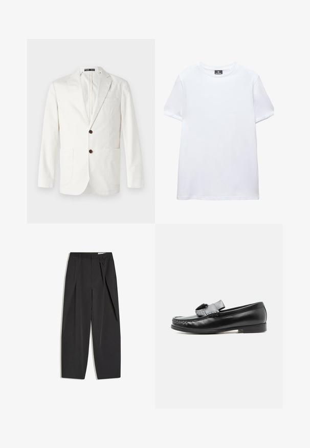 Lys beige blazer lavet af bomuld, med en spids krave, to frontlommer og to brune knapper til lukning.; Simpel hvid t-shirt med korte ærmer og rund halsudskæring med en sort Pull&Bear mærkat indeni kraven, vist på en hvid baggrund.; Sorte sorte bukser med høj talje, skræddersyede med læg, bæltestropper og lige ben, vist fladt på en hvid baggrund.; Sort læderloafer med kvastdetalje, lav hæl og rundet tå, vist fra siden mod en ensartet lys baggrund.
