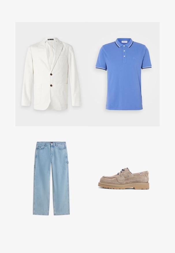Hellbeige Blazer aus Baumwolle, mit Reverskragen, zwei vorderen Taschen und zwei braunen Knöpfen zum Verschließen.; Blaues Poloshirt aus Baumwolle mit einer Knopfleiste mit drei Knöpfen, kontrastierenden weißen und marineblauen Streifen am Kragen und an den Ärmelabschlüssen.; Hellblaue Jeans mit geradem Bein, vorderen und hinteren Taschen, Gürtelschlaufen und einer seitlichen Hammerschlaufen-Detail.; Beiger Wildleder-Freizeitschuh mit dicker Gummisohle, Schnürung vorne mit gemusterten Schnürsenkeln und rundem Anhänger in der Nähe der Schnürsenkel.