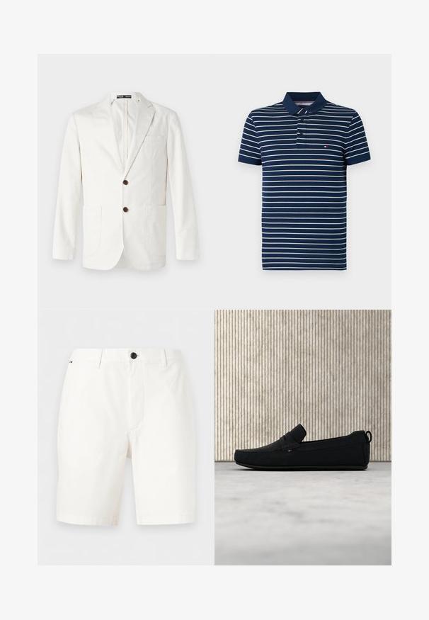 Lichtbeige blazer van katoen, met een geknipt revers, twee voorkouz pockets en twee bruine knopen voor sluiting.; Navyblauw poloshirt met witte horizontale strepen, korte mouwen, een twee-knops plooi en een klein logo op de borst. Materiaal is een katoenmix.; Witte knielange shorts met riemlussen, een drukknoopsluiting aan de voorkant en zijzakken, op een effen achtergrond.; Zwarte suède loafer met gestikte details en een klein vlaggetje, tentoongesteld bovenop een beige tapijt met amberen transparante meubels op de achtergrond.