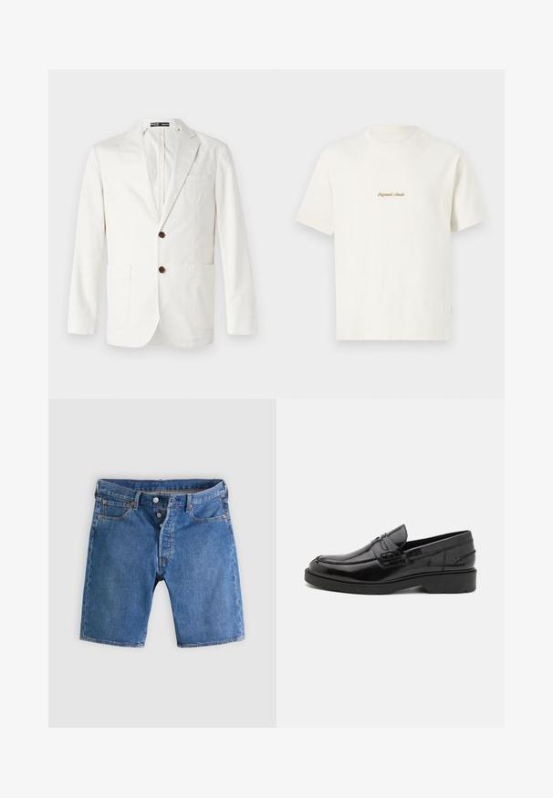 Lys beige blazer lavet af bomuld, med en spids krave, to frontlommer og to brune knapper til lukning.; Cremefarvet bomulds T-shirt med korte ærmer, rund hals og broderet "Original Studio" logo i guld på brystet. Blød tekstur.; Blå jeansshorts med frontknaplukning, bæltestropper og femlomme-design på en ensfarvet lysegrå baggrund.; Sorte læder loafers med en glat finish, rund tå, lav hæl og dekorativ syning langs forsiden. Gummisål for godt greb.