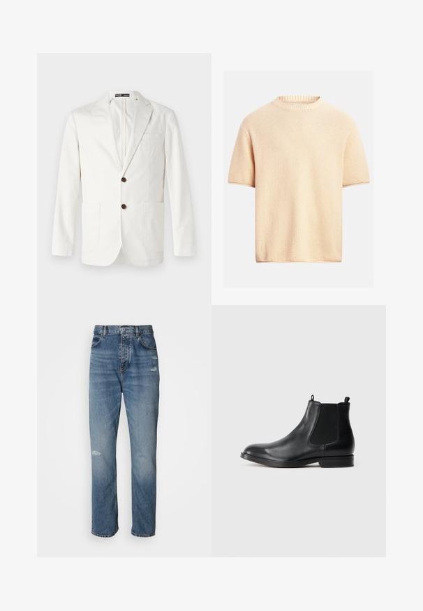 Lys beige blazer lavet af bomuld, med en spids krave, to frontlommer og to brune knapper til lukning.; Beige strikket sweater med korte ærmer, rund halsudskæring og tekstureret stof, vist mod en lysegrå baggrund.; Lyseblå denim jeans med lige ben-design, der har en knap- og lynlåslukning, fem lommer og slidte detaljer ved knæet.; Sorte læder Chelsea støvler med elastiske sidepaneler, rund tå, trækstrop og en lav blokhæl. Glat tekstur og minimalistisk design.