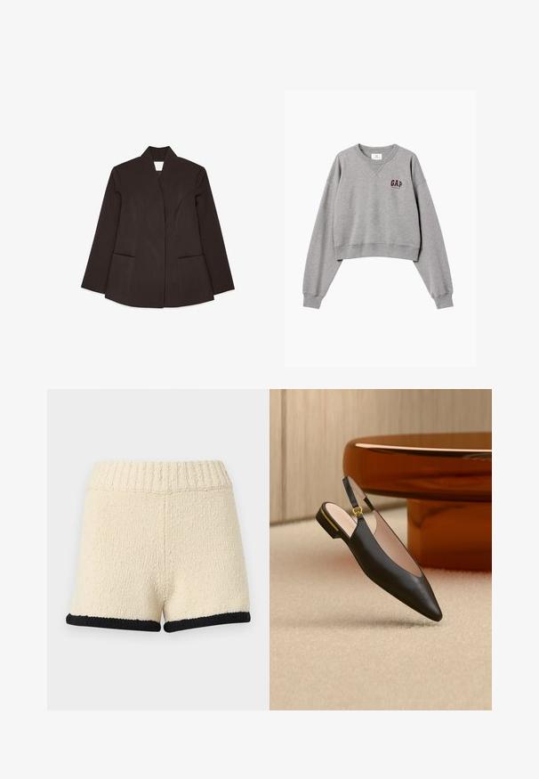 Brun skræddersyet blazer med høj krave, lange ærmer og to forlommer. Har buede sømme for en tætsiddende pasform. Glat tekstur.; Grå cropped sweatshirt med lange ærmer, ribstrikkede manchetter og kant, med lille bordeaux "GAP"-logo på venstre bryst.; Kremfarvede strikkede shorts med ribbet taljebånd og sort kant ved sømmen, vist på en ensfarvet lys baggrund.; Sort spids tå-sko med rem bagpå, guldspænde og lav hæl, placeret på et beige tæppe nær et rundt brunt bord.