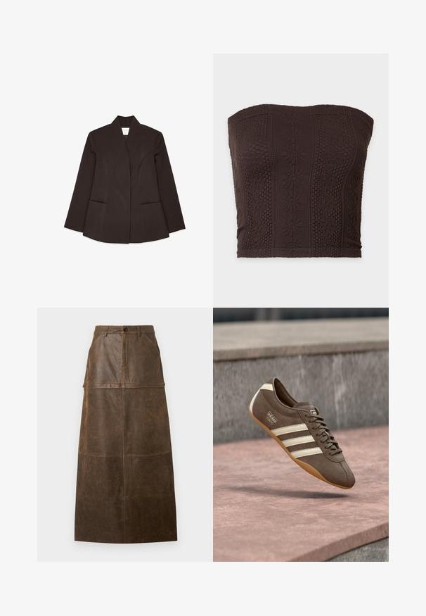 Brun skræddersyet blazer med høj krave, lange ærmer og to forlommer. Har buede sømme for en tætsiddende pasform. Glat tekstur.; Mørkebrun stropløs tube-top med teksturerede blomster- og geometriske strikke mønstre i lodrette striber.; Brun læder midi-nederdel med høj talje, frontlommer og en glat overflade med synlige syninger.; Brun ruskindssneaker med hvide striber og branding, med rund tå og ydersål af gummibelagt gummi, hængende over en struktureret overflade.