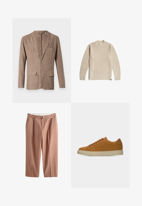 Brauner Leinenblazer mit Reverskragen, zwei Vorderaschen, einer Brusttasche und einer Ein-Knopf-Verschluss, der eine strukturierte Optik aufweist.; Beiger gerippter Strickpullover mit langen Ärmeln und rundem Ausschnitt, flach auf weißem Hintergrund liegend.; Hellbraune Hose mit hoher Taille, Gürtelschlaufen, passendem Stoffgürtel mit Metallschnalle, Vordertaschen und geradem Bein.; Beiger Sneaker aus Leder mit niedriger Schafthöhe, passenden Schnürsenkeln und offwhite-gummisohle vor schlichtem hellgrauem Hintergrund.