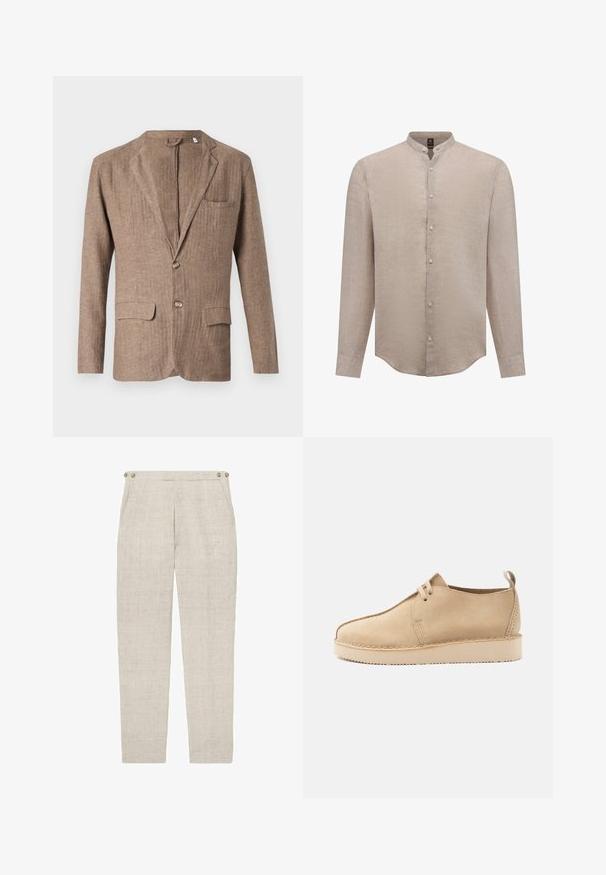 Blazer de lino marrón con solapa con muesca, dos bolsillos frontales, un bolsillo en el pecho y cierre de un botón, con un acabado texturizado.; Camisa beige de botones con cuello mao, mangas largas y una suave tela de lino texturizada. Cinco botones en la parte delantera. Bajo curvado.; Reiss REGULAR FIT BLOOMFIELD - Pantalón de traje - stone; Zapato beige de ante con cordones, puntera redondeada, suela gruesa y pestaña en el talón, mostrado de perfil sobre fondo blanco.
