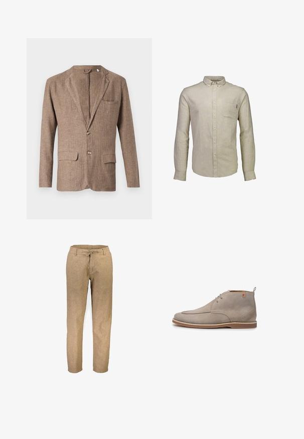Brun linned blazer med notch-lapel, to frontlommer, en brystlomme og enkeltknaplukning, der har en tekstureret overflade.; Beige langærmet skjorte lavet af linned med en knappet krave og en påsyet lomme på venstre bryst. Glat tekstur med et diskret mønster.; Beige linnedbukser med en afslappet pasform, snor i taljen og lige ben. Blød tekstur uden synlige mønstre eller hardwaredetaljer.; Lysegrå ruskind ankelstøvle med snørebånd, moc tå-syninger, læder trækflig og tan gummisål, vist i profil på hvid baggrund.