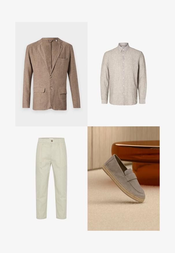 Brauner Leinenblazer mit Reverskragen, zwei Vorderaschen, einer Brusttasche und einer Ein-Knopf-Verschluss, der eine strukturierte Optik aufweist.; Helles graues Leinenhemd mit langen Ärmeln, geknöpftem Kragen und vorderer Knopfleiste. Textil mit einer dezenten Struktur.; Helle graue Hose aus einem strukturierten Stoff, mit einem vorderen Knopfverschluss, Falten-Design und verkürzter Länge.; Hellgrauer Wildleder-Slipper mit geflochtener Jutsohle, präsentiert lehnen auf einem beigen Teppich vor einem glänzenden braunen Tisch im Hintergrund.