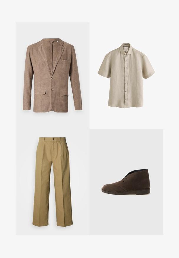 Brauner Leinenblazer mit Reverskragen, zwei Vorderaschen, einer Brusttasche und einer Ein-Knopf-Verschluss, der eine strukturierte Optik aufweist.; Beiges Kurzarm-Hemd mit Knopfleiste und Kragen aus Leinenstoff, vor weißem Hintergrund dargestellt.; Beige weite Baumwollhosen mit Knopfleiste, drei Falten und geraden Säumen für eine lockere Passform.; Brauner Ankle-Boot aus Wildleder mit zwei Ösen, niedrigem Absatz und genähter Sohle vor einfachem hellgrauem Hintergrund.
