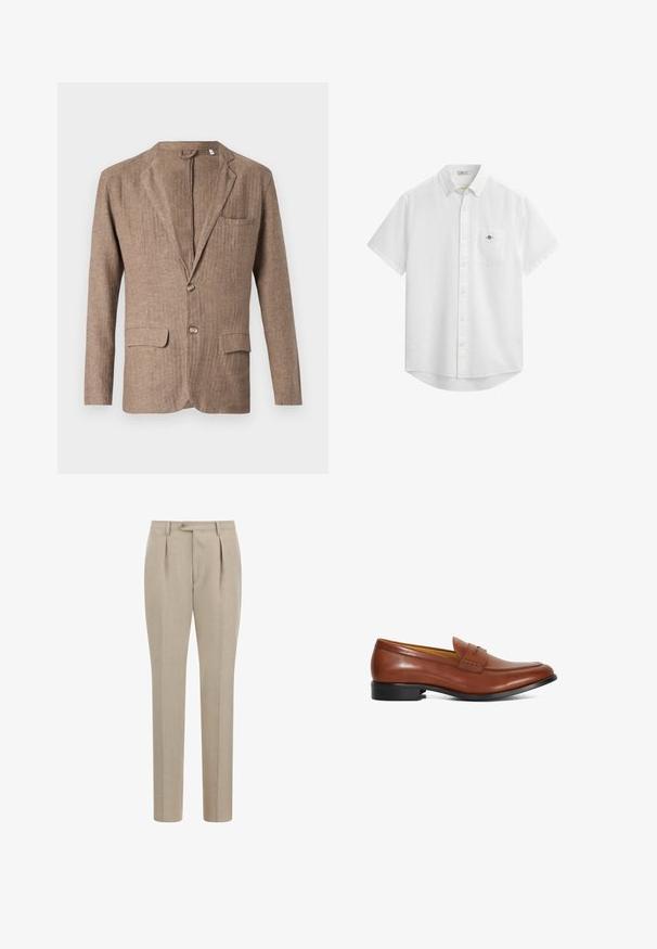 Brauner Leinenblazer mit Reverskragen, zwei Vorderaschen, einer Brusttasche und einer Ein-Knopf-Verschluss, der eine strukturierte Optik aufweist.; Kurze weiße Kurzarm-Hemd aus leichtem Stoff. Mit einer einzelnen Brusttasche mit kleinem Logo. Klassischer Kragen und abgerundeter Saum.; Beige Leinenhosen mit geradem Schnitt, doppelten Falten und einem Knopfverschluss an der Taille. Glatte, leichte Textur.; Brauner Herrenschlupfschuh aus Leder mit Penny-Ristband, niedrigem schwarzem Absatz und rundem Zehenbereich, seitlich auf weißem Hintergrund dargestellt.