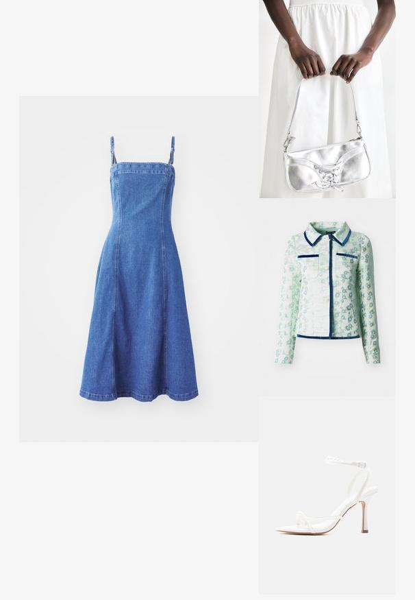 Jas met bloemenpatroon in lichtgroene stof, met een blauwe kraag en afwerking, twee voorzakken en een getailleerd ontwerp met lange mouwen.; Denim jurk met een aansluitende lijfje, verstelbare banden, uitlopende rok, middenblauwe kleur en zichtbare naaddetails. Gladde textuur.; Witte sandaal met hoge hak, dunne enkel- en teenbandjes versierd met kleine pareldetails en een gesp sluiting.; Zilveren metalen handtas met vetersluiting, met een strak ontwerp en een korte schouderriem. De tas wordt vastgehouden in de handen, waardoor de textuur goed tot zijn recht komt.