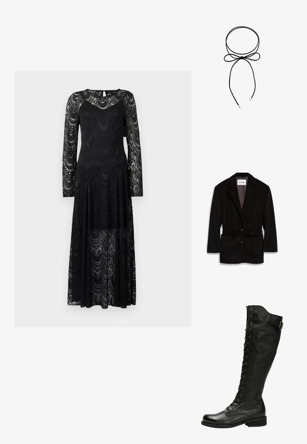 Blazer en velours côtelé noir avec une coupe ajustée, deux boutons, une taille ceinturée et des poches avant. Intérieur doublé d'une couleur contrastante.; Copenhagen Muse Robe longue - black; Botte en cuir noir hauteur genou avec un laçage à l'avant, œillets en métal argenté et boucle sur le côté. Présente une finition texturée et un talon empilé.; Choker en cordon noir avec un design en nœud. Fabriqué en matériau lisse, il possède deux extrémités avec des embouts de couleur argentée. Design simple et minimaliste.