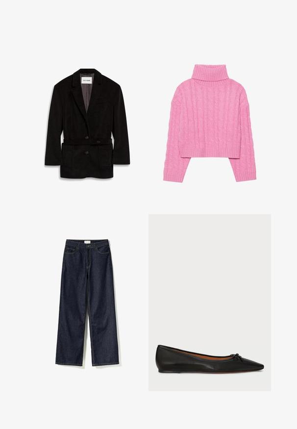 Schwarzer Cordblazer mit tailliertem Schnitt, zwei Knöpfen, einem taillierten Bund und Vordertaschen. Gefüttertes Innenfutter in einer kontrastierenden Farbe.; Gekürzter rosa Rollkragenpullover aus strukturiertem Kabelstrick, mit geripptem Kragen und Bündchen, langen Ärmeln und einem taillierten Saum.; Dunkelblaue weit geschnittene Jeans mit Knopfverschluss, fünf Taschen, Kontrastnähten und einem Etikett mit der Aufschrift "Noella" am Taillenbund.; Schwarze Leder-Ballerinas mit spitzem Zeh, schlanker Silhouette und einem kleinen Schleifendetail an der Vorderseite. Glatte Textur und minimalistisches Design.
