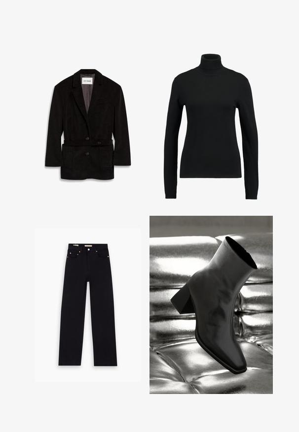 Sort kordfløjl blazer med en skræddersyet pasform, to knapper, bælte i taljen og frontlommer. Foret inderside i en kontrasterende farve.; Sort turtle-neck sweater lavet af glat strikstof. Har lange ærmer og en tætsiddende pasform, med ribbet hals og kantdetaljer.; Sorte denim jeans med lige pasform, fem lommer, kobberdetaljer og en glat tekstur. To mærker synlige på taljebåndet.; Sorte ankelstøvler lavet af glossy materiale med firkantet tå og spidse hæle, sat mod en skinnende sølv tuftet baggrund.