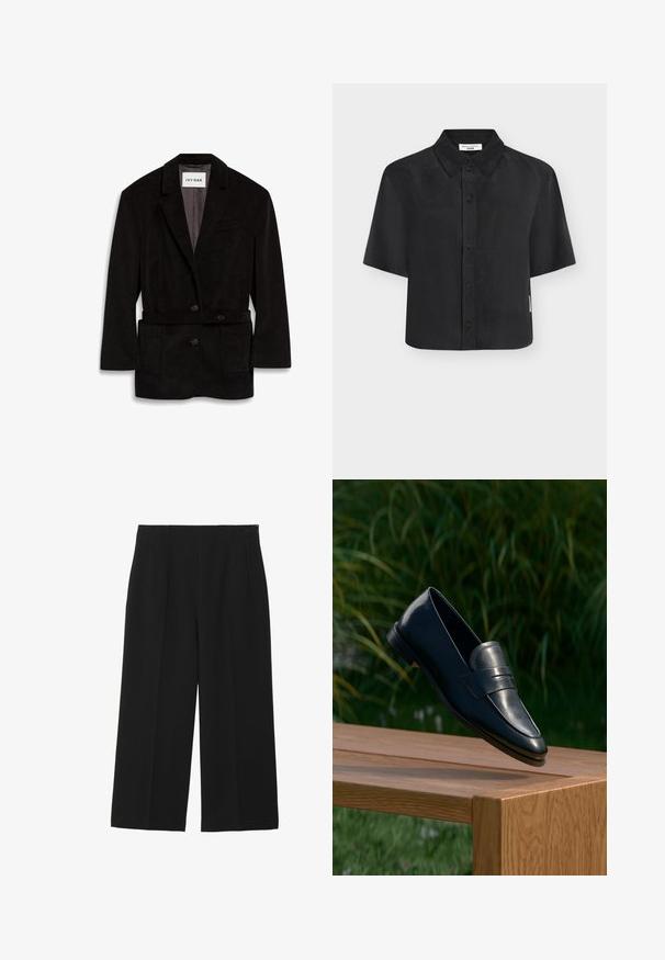 Sort kordfløjl blazer med en skræddersyet pasform, to knapper, bælte i taljen og frontlommer. Foret inderside i en kontrasterende farve.; Sort kortærmet skjorte med knapper, spids krave, lige kant og subtil tekstur, vist fladt mod en lys baggrund.; Sorte breddebenede bukser lavet af glat stof, med to forlommer, flad front og lynlås lukning på siden.; Sort læderloafer balanceret på kanten af en træbænk udendørs med grøn løvbaggrund.