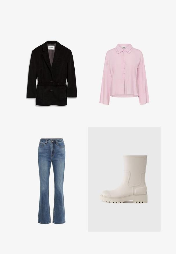 Sort kordfløjl blazer med en skræddersyet pasform, to knapper, bælte i taljen og frontlommer. Foret inderside i en kontrasterende farve.; Lyserød langærmet bluse med rundet krave og fem stofbetrukne knapper foran, let kortere længde.; Bredde blå denimjeans med høj talje, der har en knaplukning og kontrasterende syninger. Stoffet har en let vaskefinish.; Hvide gummistøvler til anklerne med rund tå, struktureret sål, diskrete side-detaljer og logo på hælen. Stilfuldt og funktionelt design.