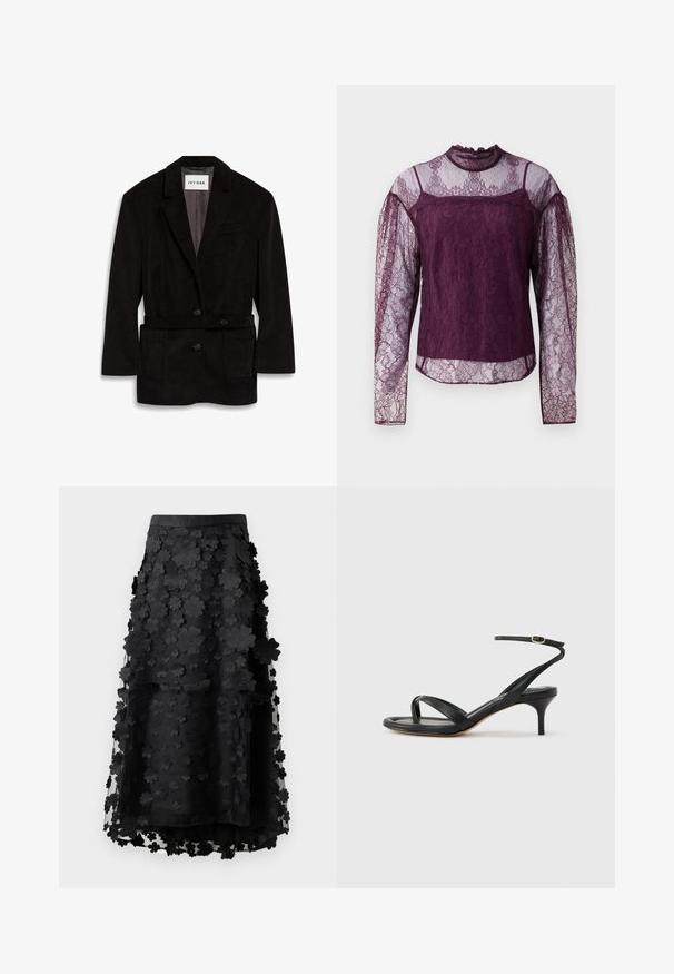 Sort kordfløjl blazer med en skræddersyet pasform, to knapper, bælte i taljen og frontlommer. Foret inderside i en kontrasterende farve.; Lilla blonde bluse med lange ærmer og gennemsigtige sektioner på ærmerne og den øverste del af brystet, med høj hals og intrikate blomster mønstre.; Sort midi-nederdel lavet af gennemsigtigt stof med lagdelte blomsterapplikationer. Har en glat talje og en svajende silhuet. Ingen synlige lukninger.; Sort damesandal i læder med tynde remme, en tå-loop, ankelspænde og en mellemhøj stiletthæl på en neutral baggrund.