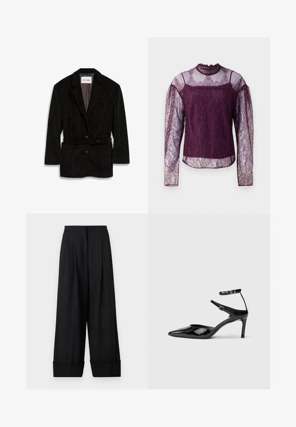 Blazer en velours côtelé noir avec une coupe ajustée, deux boutons, une taille ceinturée et des poches avant. Intérieur doublé d'une couleur contrastante.; Blouse en dentelle violette à manches longues avec des sections transparentes sur les manches et le haut de la poitrine, dotée d'un col haut et de motifs floraux complexes.; Pantalon noir à jambes larges avec taille haute, plis sur le devant et larges revers à l’ourlet, présenté sur un fond neutre.; Talons en cuir verni noir avec un bout pointu, des sangles de cheville ajustables et un talon fin. Texture lisse avec une finition brillante.