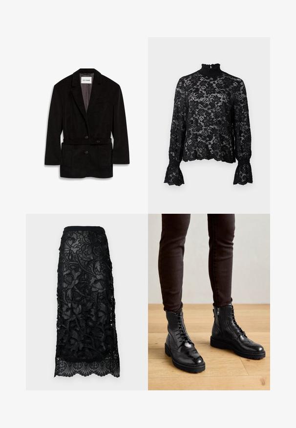 Blazer de pana negra con un corte ajustado, dos botones, cintura ceñida y bolsillos delanteros. Interior forrado en un color contrastante.; Top de encaje negro con cuello alto, mangas largas y puños acampanados. Presenta un patrón floral y un acabado texturizado. Ligero y semitransparente.; Falda negra de encaje con intrincados bordados florales, una cintura ajustada y un dobladillo con forma de ondas. Capa superior transparente con detalles texturizados.; Botas negras de cuero hasta el tobillo con detalles de brogue, cordones en la parte delantera, cremalleras laterales y suelas de goma texturizadas. Combinadas con pantalones oscuros de corte slim.