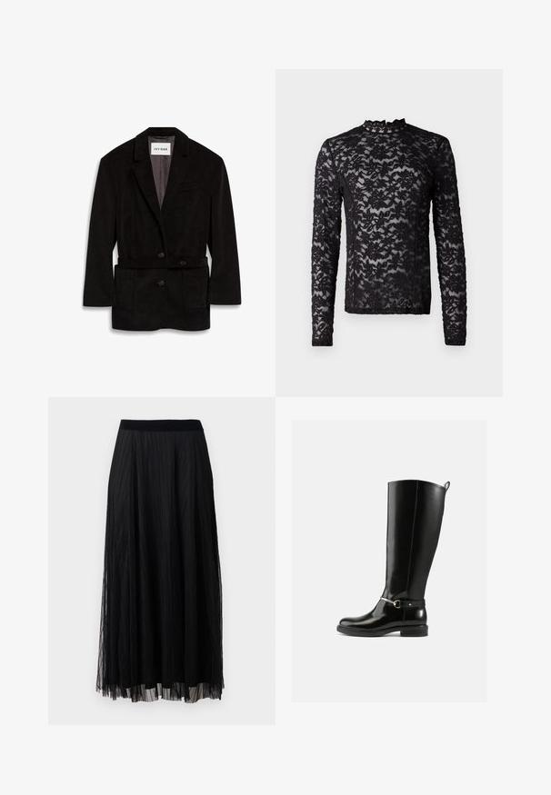 Blazer de pana negra con un corte ajustado, dos botones, cintura ceñida y bolsillos delanteros. Interior forrado en un color contrastante.; Top largo negro de manga larga de encaje transparente con estampado floral y un cuello alto con un pequeño volante.; Falda maxi plisada negra con un diseño texturizado, que cuenta con una cinturilla suave y una fabricación en capas de tela transparente para una silueta fluida.; Botas negras hasta la rodilla hechas de cuero brillante, con un detalle de hebilla plateada en el tobillo y un diseño de punta redondeada. Suela plana.