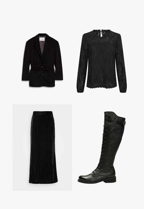 Blazer de pana negra con un corte ajustado, dos botones, cintura ceñida y bolsillos delanteros. Interior forrado en un color contrastante.; Blusa de encaje negro de manga larga con escote redondo, dobladillo festoneado y detalle de ojal en la parte trasera. Patrón floral delicado en toda la prenda.; Falda larga de terciopelo negro con pliegues verticales y una pretina de encaje en forma de concha. La tela tiene un aspecto suave y texturizado.; Bota de cuero negro hasta la rodilla con cordones en el frente, ojales de plata y hebilla lateral. Presenta un acabado texturizado y tacón apilado.