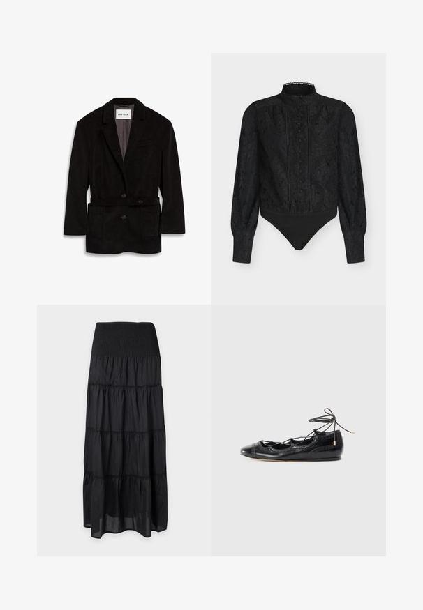 Blazer en velours côtelé noir avec une coupe ajustée, deux boutons, une taille ceinturée et des poches avant. Intérieur doublé d'une couleur contrastante.; Body en dentelle noire avec manches longues, col montant, boutons décoratifs sur le devant et partie inférieure unie noire.; Jupe longue maxi noire à étages avec ceinture élastique froncée et panneaux de tissu froncés, présentée à plat sur fond blanc.; Ballet flats en cuir verni noir avec des découpes et un système de laçage. Présentent un bout rond et des accents perforés décoratifs.