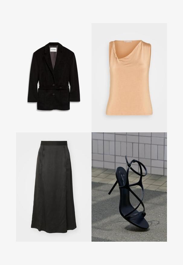 Sort kordfløjl blazer med en skræddersyet pasform, to knapper, bælte i taljen og frontlommer. Foret inderside i en kontrasterende farve.; Anna Field Top - light brown; Sort satin maxiskirt med en glat tekstur, elastisk talje og sidesømme. Gulvlængde designet forbedrer flowet og draperingen.; Sort højhælet sandal med tynde remme og ankelspænde, placeret oprejst på grå fortov nær flisebelagt væg baggrund.