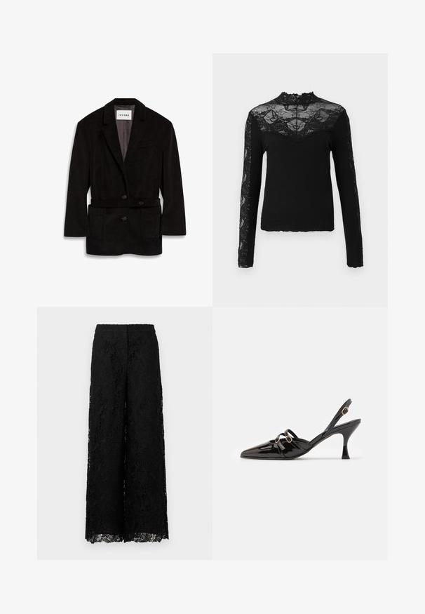 Blazer en velours côtelé noir avec une coupe ajustée, deux boutons, une taille ceinturée et des poches avant. Intérieur doublé d'une couleur contrastante.; Haut noir à manches longues avec un corps côtelé et des détails en dentelle transparente sur les épaules, le col et les manches, avec un col en dentelle festonné.; Culottes en dentelle noire avec motifs floraux, coupe à jambes larges et ourlet festonné. Confectionnées dans un matériau en dentelle léger et texturé.; ALOHAS JOELLE ONIX - Escarpins - black