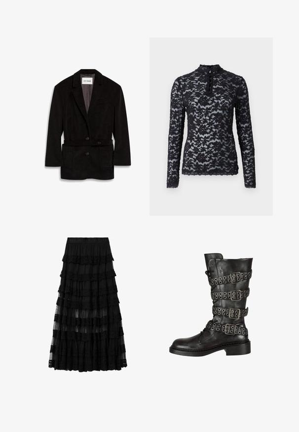 Schwarzer Cordblazer mit tailliertem Schnitt, zwei Knöpfen, einem taillierten Bund und Vordertaschen. Gefüttertes Innenfutter in einer kontrastierenden Farbe.; Rosemunde Langarmshirt - black; Schwarzer, gestufter Spitzen-Midirock mit elastischem Bund, geprägt mit Markennamen, mit transparenten und blickdichten, geschichteten Stoffpaneelen.; Schwarze Leder-Knielange Stiefel mit mehreren silbernen Schnallen und Ösen, runder Zehenform und niedrigem Blockabsatz. Mit strukturiertem Finish.