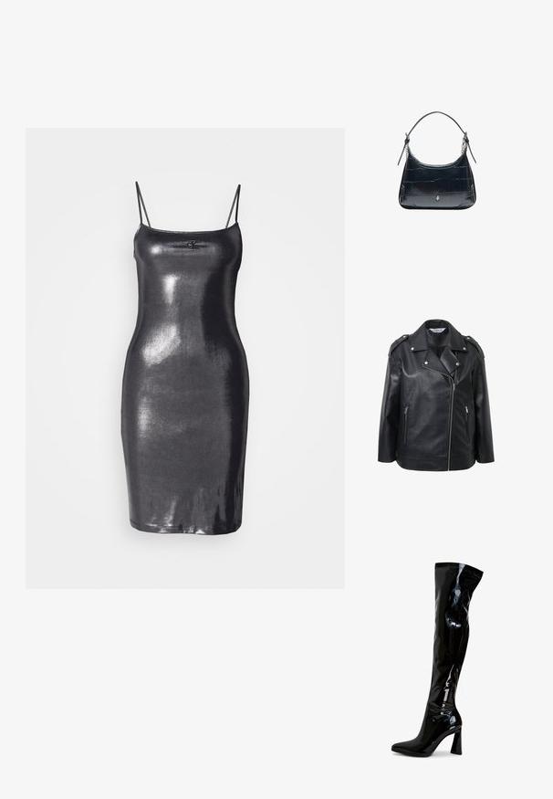 Sort læderbikerjakke med skrå krave, sølvfarvede metaldele, forreste lynlåse og skulderklapper.; Sort, ærmeløs bodycon kjole lavet af skinnende, reflekterende materiale. Den har tynde stropper og en lige kant. Logo-detalje på fronten.; Sorte laklæderstøvler, der går til låret, med spids snude, firkantet blokhæl og glat, blank tekstur. Ingen synligt hardware.; Sort læder skuldertaske med krokodilletekstur og sølvspænde, med justerbar strop med kædetaljer på hvid baggrund.