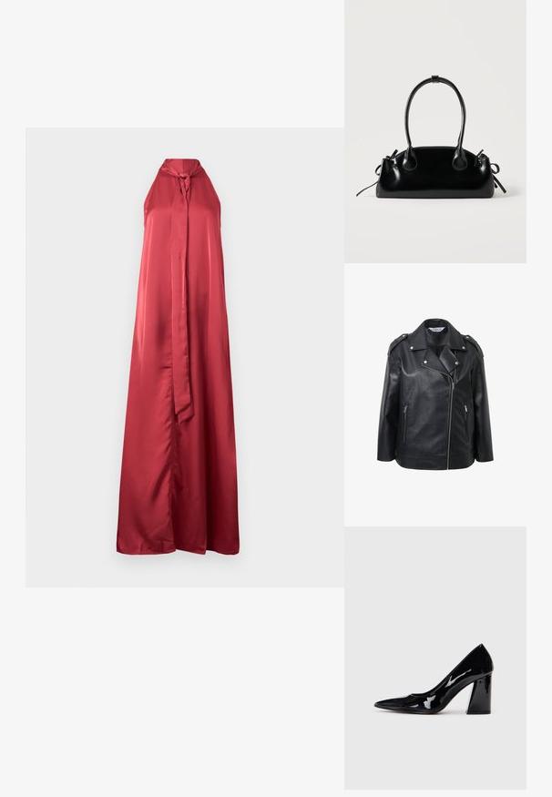 Veste en cuir noir de biker avec un col cranté, des accents en quincaillerie argentée, des zips sur le devant et des épaulettes.; Robe halter en satin rouge avec un décolleté en trou de serrure et une silhouette longue et fluide. Présente un accent noué au niveau du col et une texture lisse.; Chaussure à talon haut en vernis noir avec un embout pointu et un talon épais, présentant une texture lisse et brillante ainsi qu'un design élégant.; Petit sac à main noir brillant avec deux longues anses et des détails à cordon sur les côtés sur un fond clair uni.
