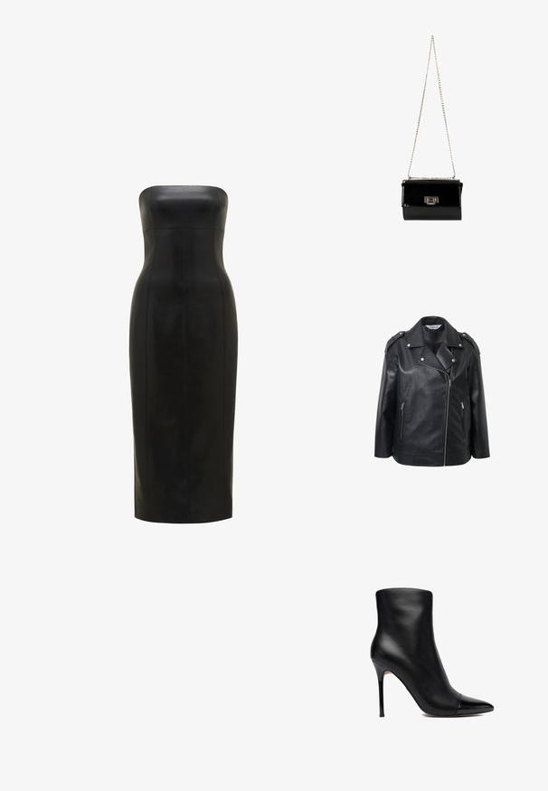Zwarte leren motorjack met een uitgesneden kraag, zilverkleurige hardware-accenten, voorzakken met rits en schouderepauletten.; Zwarte, strapless leren jurk met een getailleerde silhoutte, knie-lang, gladde textuur en verticale naden voor definitie.; Zwarte leren enkellaars met puntige lakleren neus en smalle hoge naaldhak, gezien vanaf de buitenkant tegen een witte achtergrond.; Zwarte gepatineerde leren handtas met een gouden schouderband, rechthoekige vorm, voorzien van een flapsluiting aan de voorkant en een metallic logo accent.