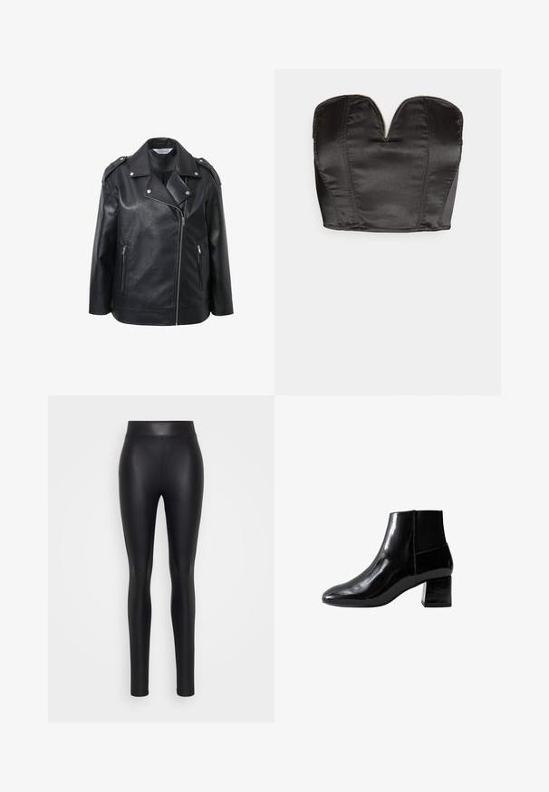 Zwarte leren motorjack met een uitgesneden kraag, zilverkleurige hardware-accenten, voorzakken met rits en schouderepauletten.; Vero Moda VMSALLY CROPPED SIMILI CORSAGE - Top - black; Zwarte faux leren leggings met een gladde textuur, hoge tailleband en een fitted ontwerp dat naar de enkels toe smaller wordt.; Zwarte leren enkelboot met een glanzende afwerking, spitse neus en een blokhak van gemiddelde hoogte. Heeft elastische zijpanelen voor gemakkelijk aan- en uittrekken.