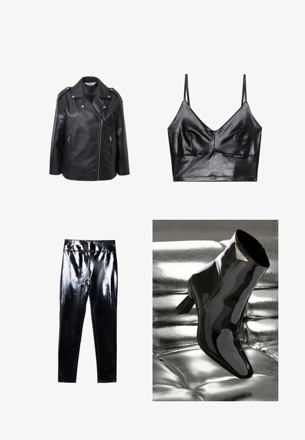 Schwarze Lederbikerjacke mit eingekerbtem Kragen, silbernen Hardware-Details, vorderem Reißverschluss und Schulterepauletten.; Schwarzer, glänzender Bralette mit dünnen verstellbaren Trägern, V-Ausschnitt, glatter Textur und dezentem Gather an der Brust für eine schöne Form.; Schwarze, hochglänzende Leggings mit glatter, glänzender Oberfläche. Elastischer Bund und figurbetontes Design mit schmal zulaufendem Bein.; Schwarze Lackleder- ankle boots mit spitzem Zehen und quadratischem Absatz. Mit einem goldenen Logo-Platte und glatter, glänzender Oberfläche.