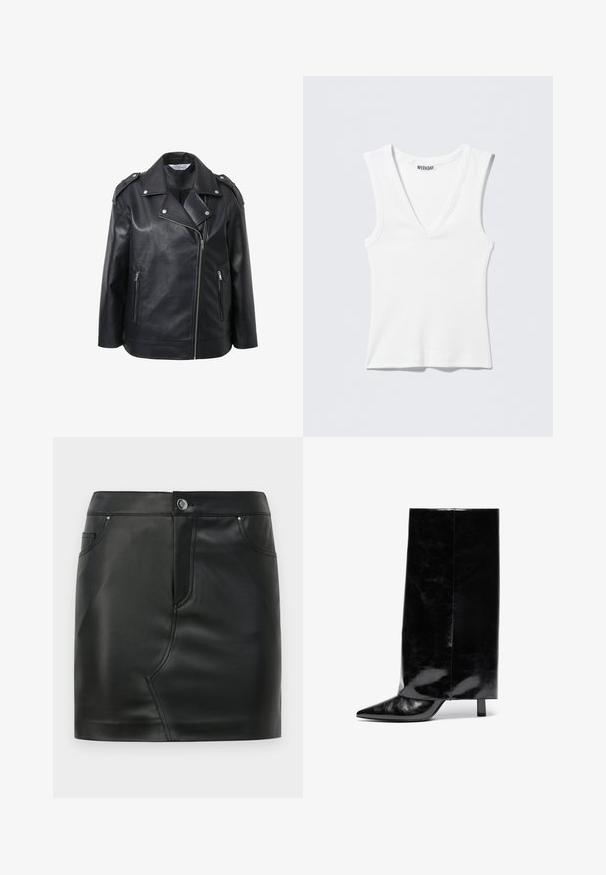 Veste en cuir noir de biker avec un col cranté, des accents en quincaillerie argentée, des zips sur le devant et des épaulettes.; Débardeur blanc côtelé sans manches avec col en V, étiquette de la marque WEEKDAY à l'intérieur de l'encolure, posé à plat sur un fond clair.; Mini-jupe en simili cuir noir avec un bouton à l'avant, fermeture éclair, poches avant et arrière, et détails de couture.; Botte chelsea en cuir noir avec un bout pointu et un talon bloc, présentant un tige haute et brillante ainsi qu'une finition texturée sur la partie inférieure.