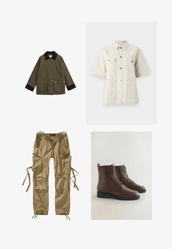 Chaqueta verde oliva con un cuello de pana marrón, grandes bolsillos frontales y botones a presión dorados. Presenta un ajuste holgado y mangas largas.; Camisa de manga corta en tejido beige claro, con cuello de punta, botones en el frente, dos bolsillos en el pecho y un pequeño parche con el logo a la izquierda.; Pantalones cargo caqui fabricados en algodón, con múltiples bolsillos laterales, cordones en los tobillos y detalles de botones. Líneas limpias y tejido resistente.; Botines de piel marrón con punta redondeada, cordones y cremallera lateral, con un diseño cosido y una suela baja de goma negra.